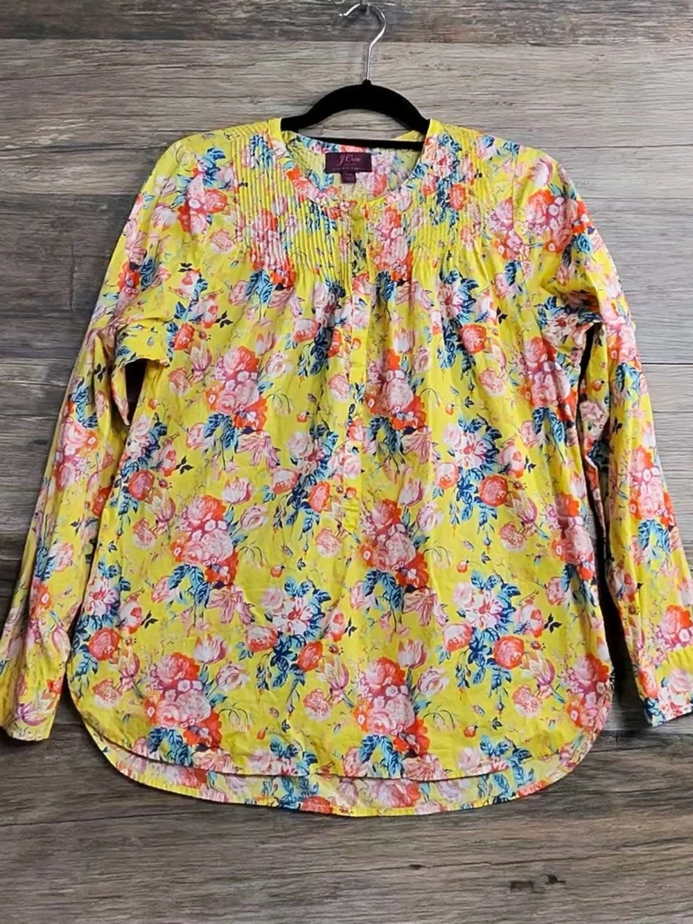 J. Crew Yellow Floral Pintuck Long-Sleeve Blouse